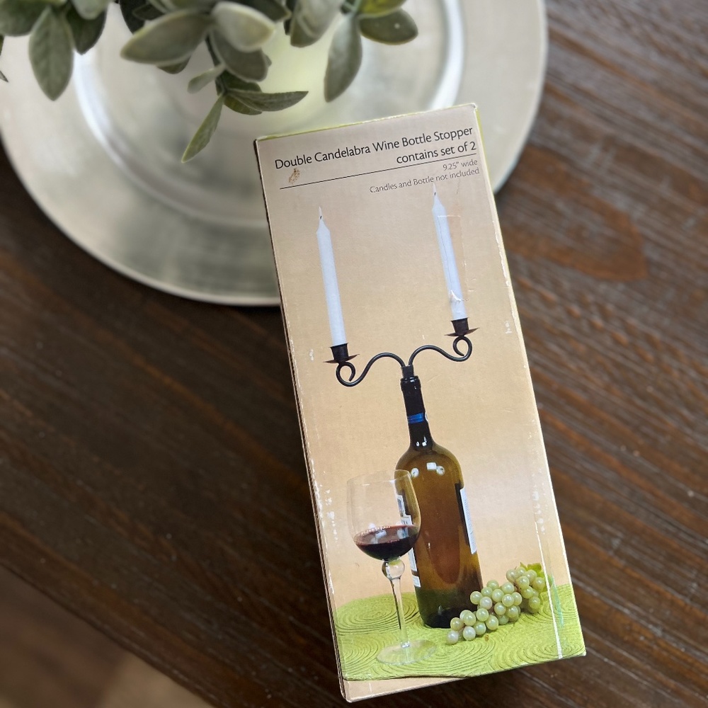 NEW IN ORIGINAL BOX Double Candelabra Wine Bottle Stopper 9.25"Wide Great gift